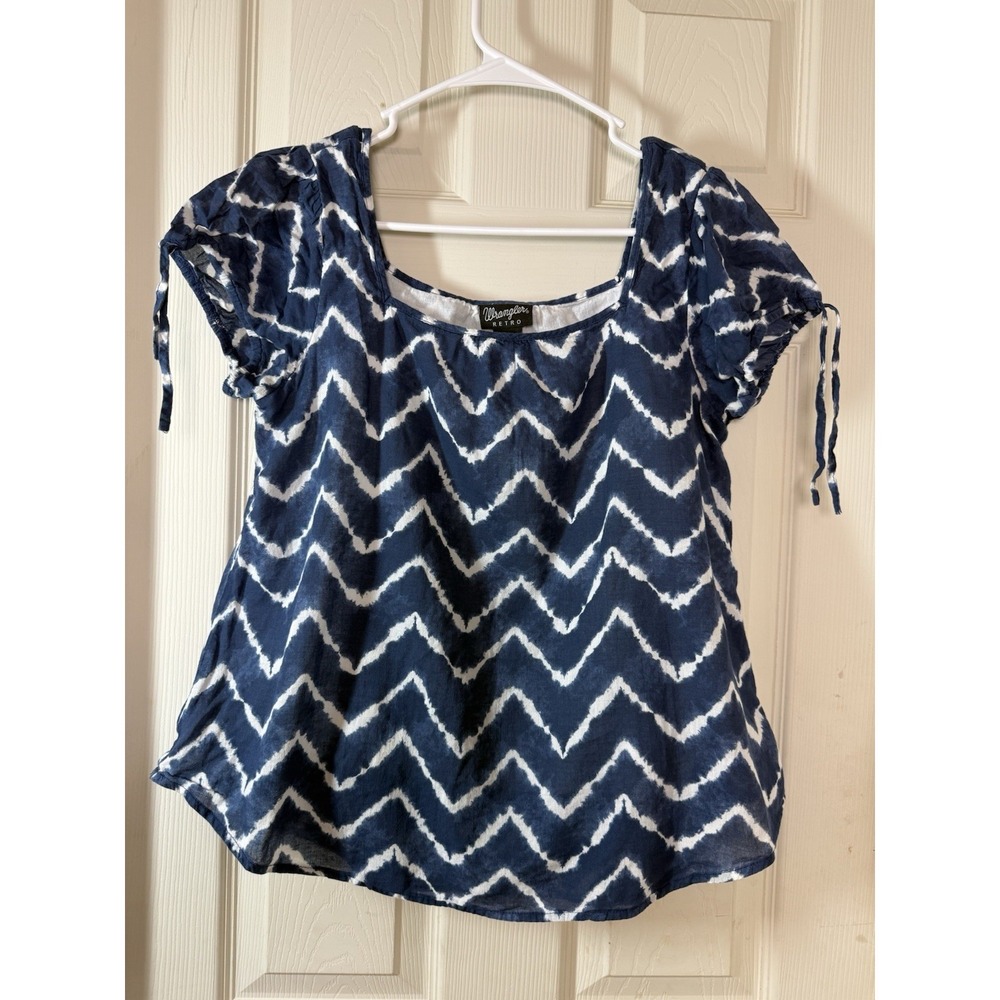 Wrangler Retro Womens Medium Blue Chevron Boho Peasant Blouse Tie Sleeve Top